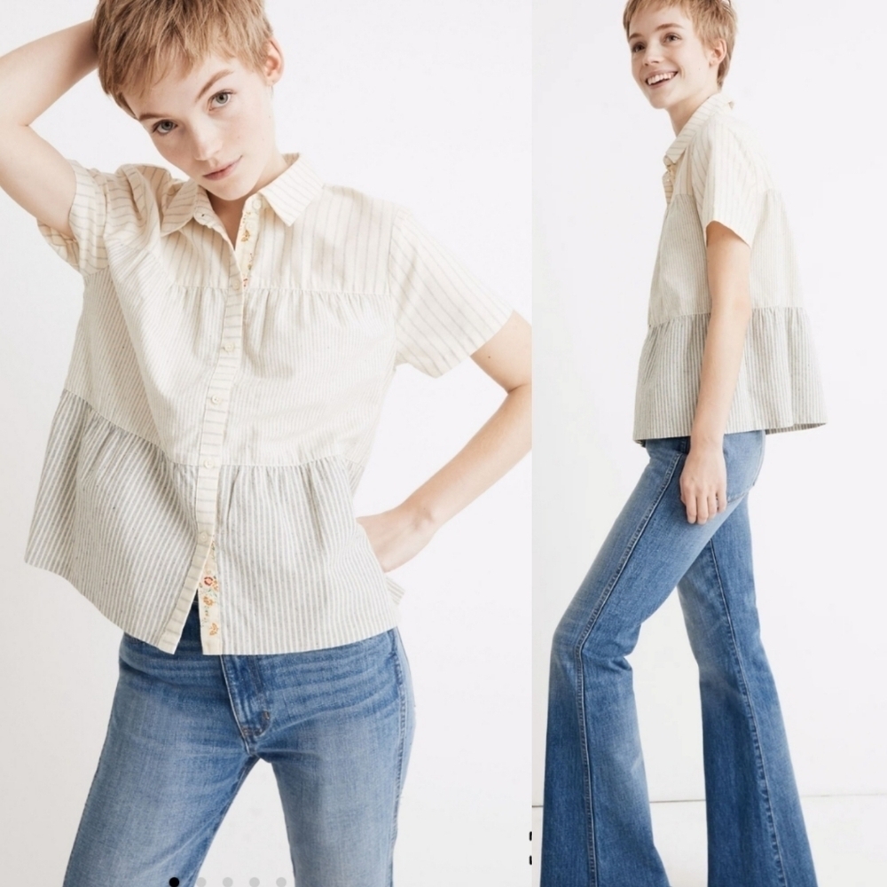 Madewell x The New Denim Project Stripe Mix Seamed Button-Down Shirt Sz XXS